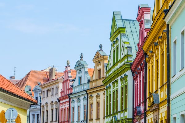 view of colorful facades of old style houses situated next to the velke namesti square in historical part of czech city hradec kralove